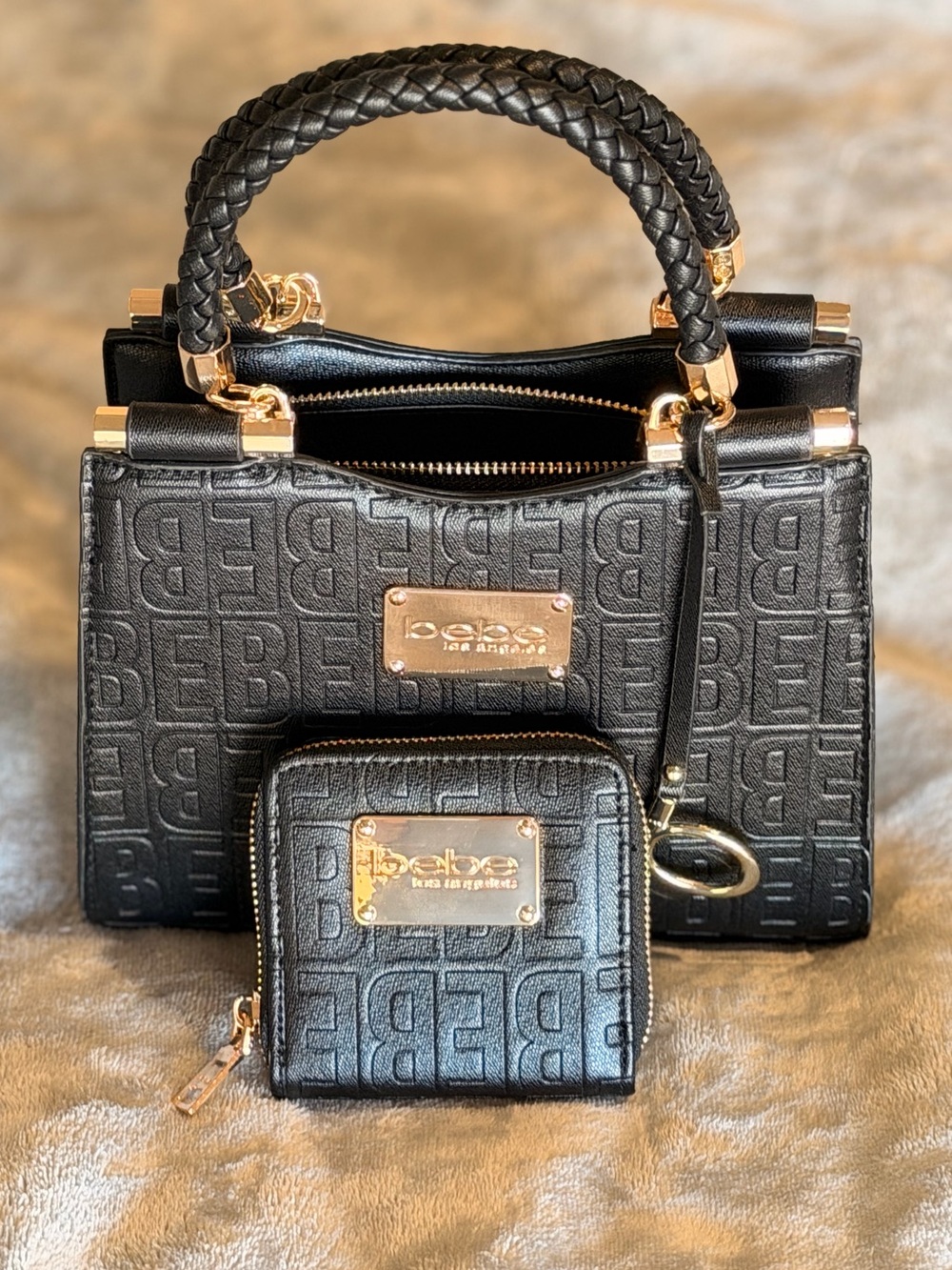Dana Monogram Top Handle Bebe Black Embossed Logo Satchel with Matching Wallet